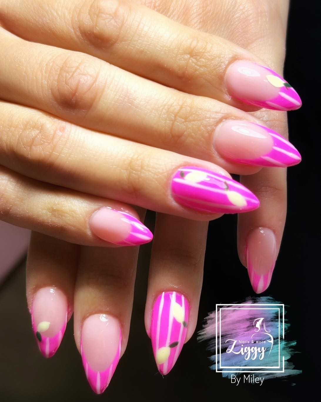 Vibrant pink stiletto nails with abstract line art