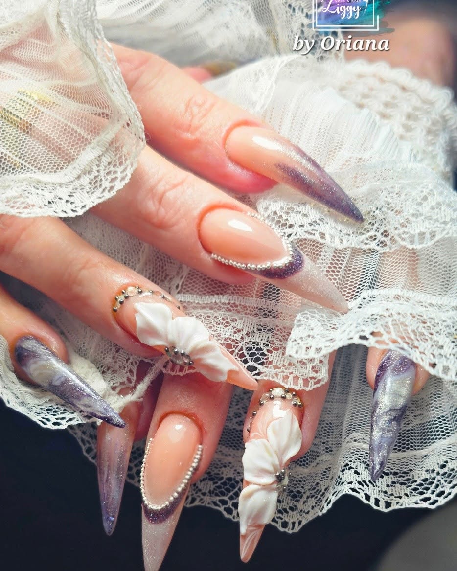 Luxury 3D sculpted floral bridal nail art with crystals by Oriana