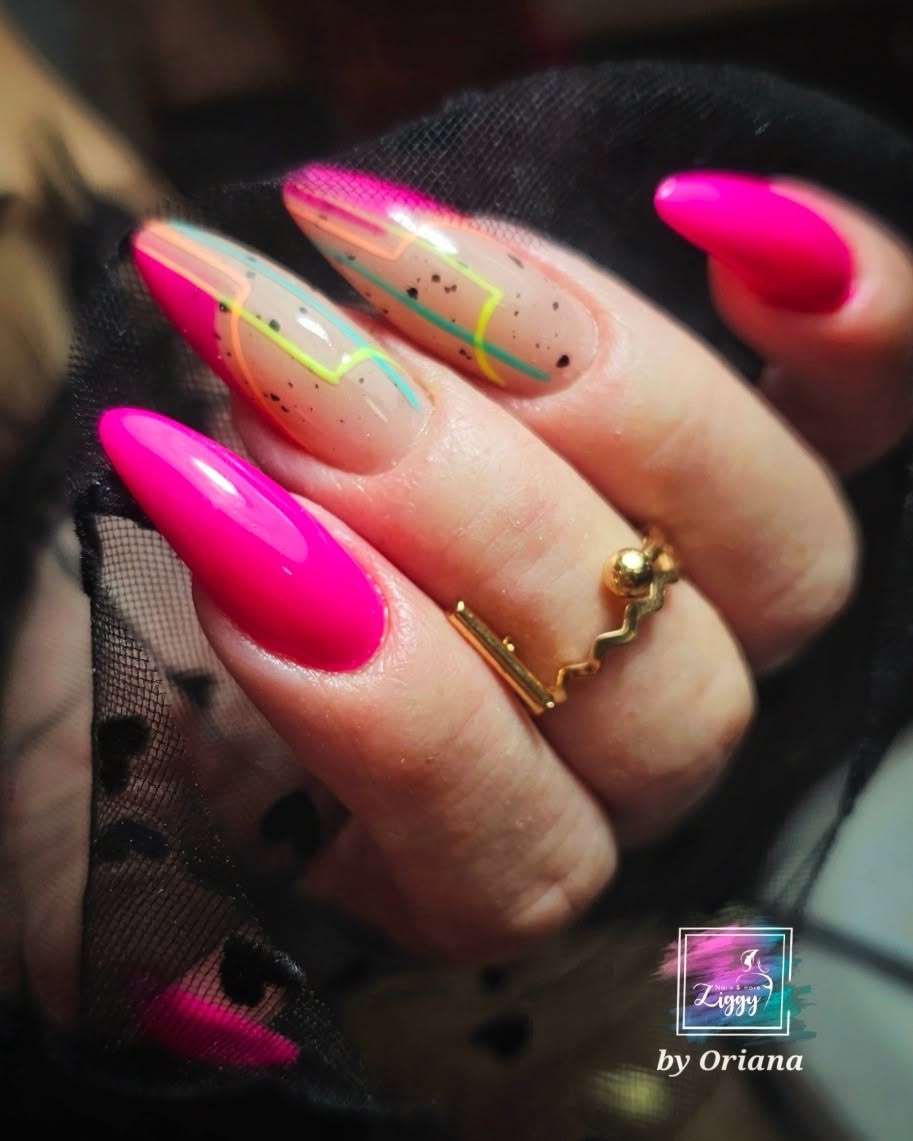 Neon pink almond nails with geometric pastel lines by Oriana