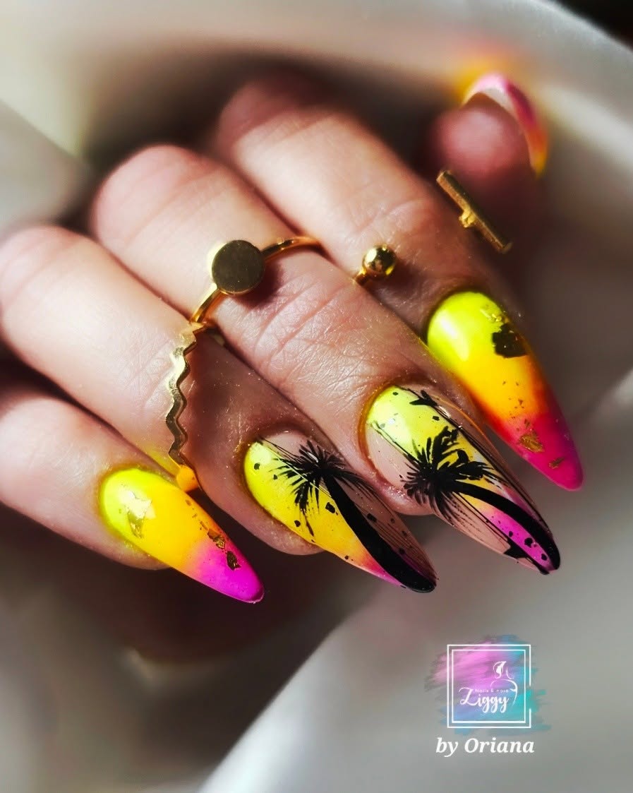 Tropical sunset gradient stiletto nails with palm tree art by Oriana